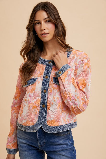 FLORAL PRINT DENIM TRIM BLAZER