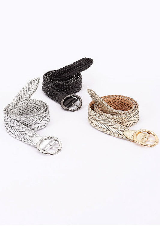 Faux Metallic Leather Braided Belt