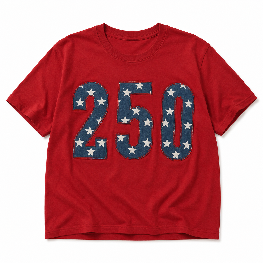 A red short-sleeve crewneck t-shirt featuring the numbers &