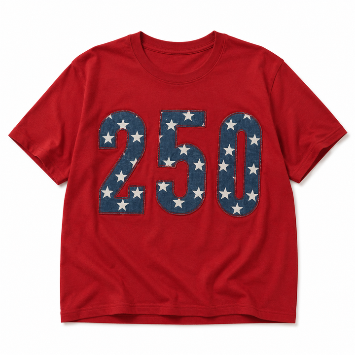 A red short-sleeve crewneck t-shirt featuring the numbers &