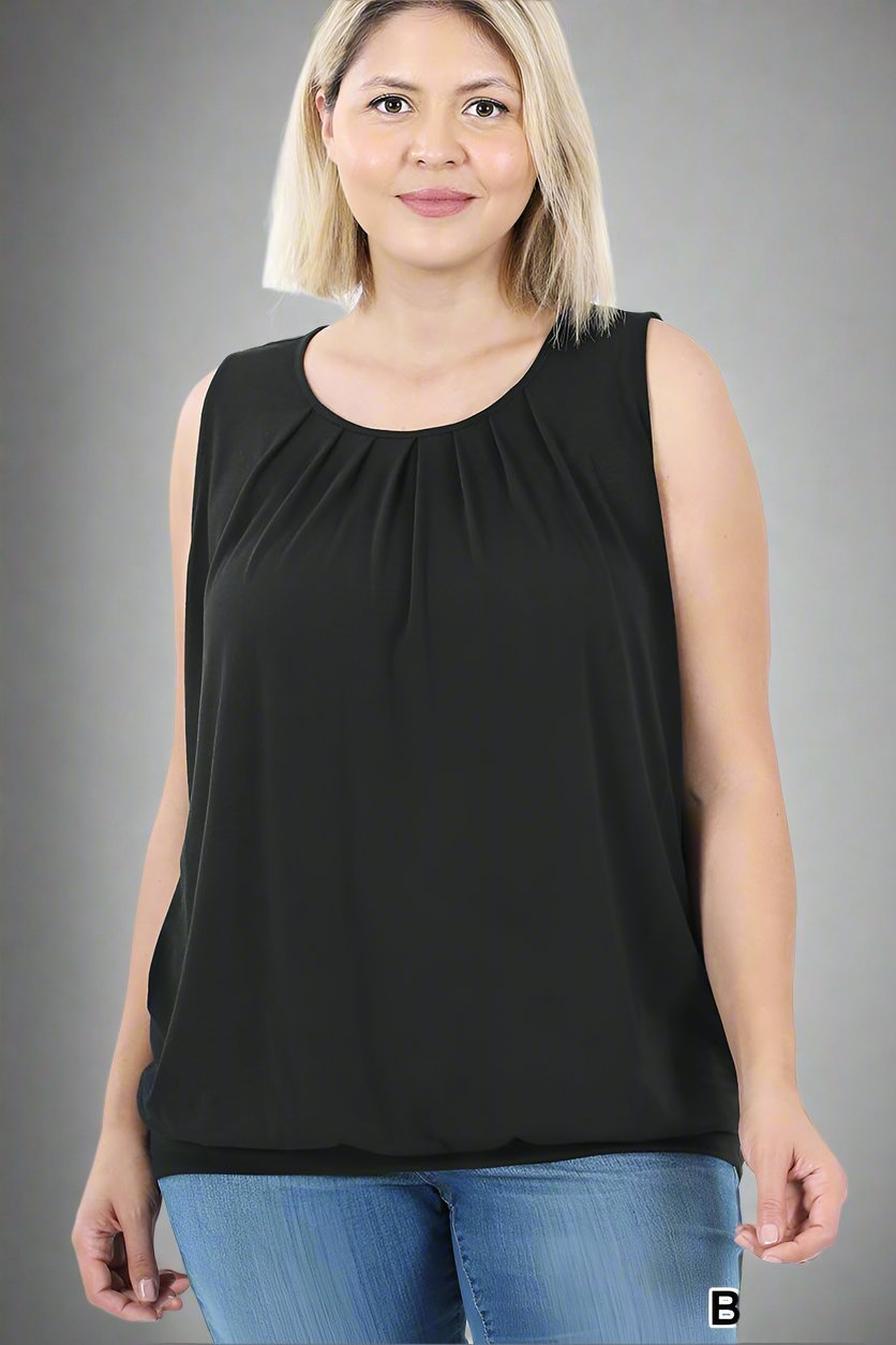 FINAL SALE: PLUS SIZE SLEEVELESS ROUND NECK PLEATED TOP