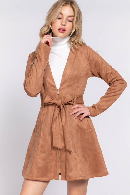 V-Neck Zip-Up Belted Faux Suede Dress Jacket