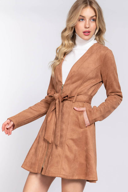 V-Neck Zip-Up Belted Faux Suede Dress Jacket