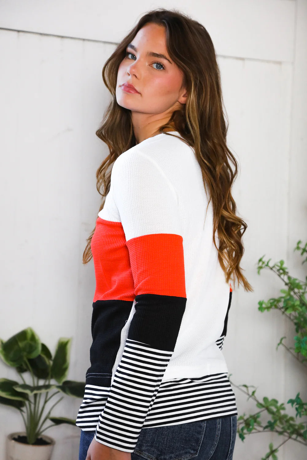Color-block Stripe Waffle Top