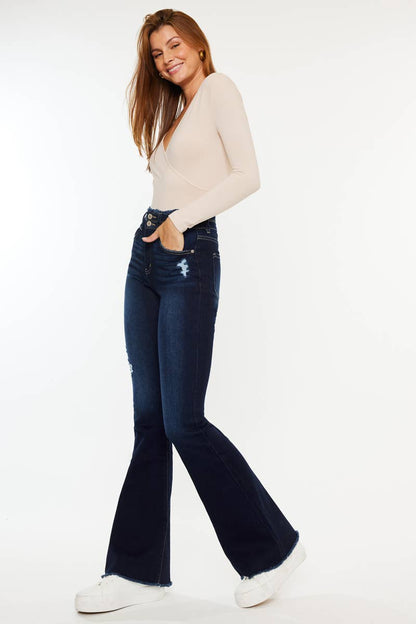 High Rise Fray Hem Flare Jeans