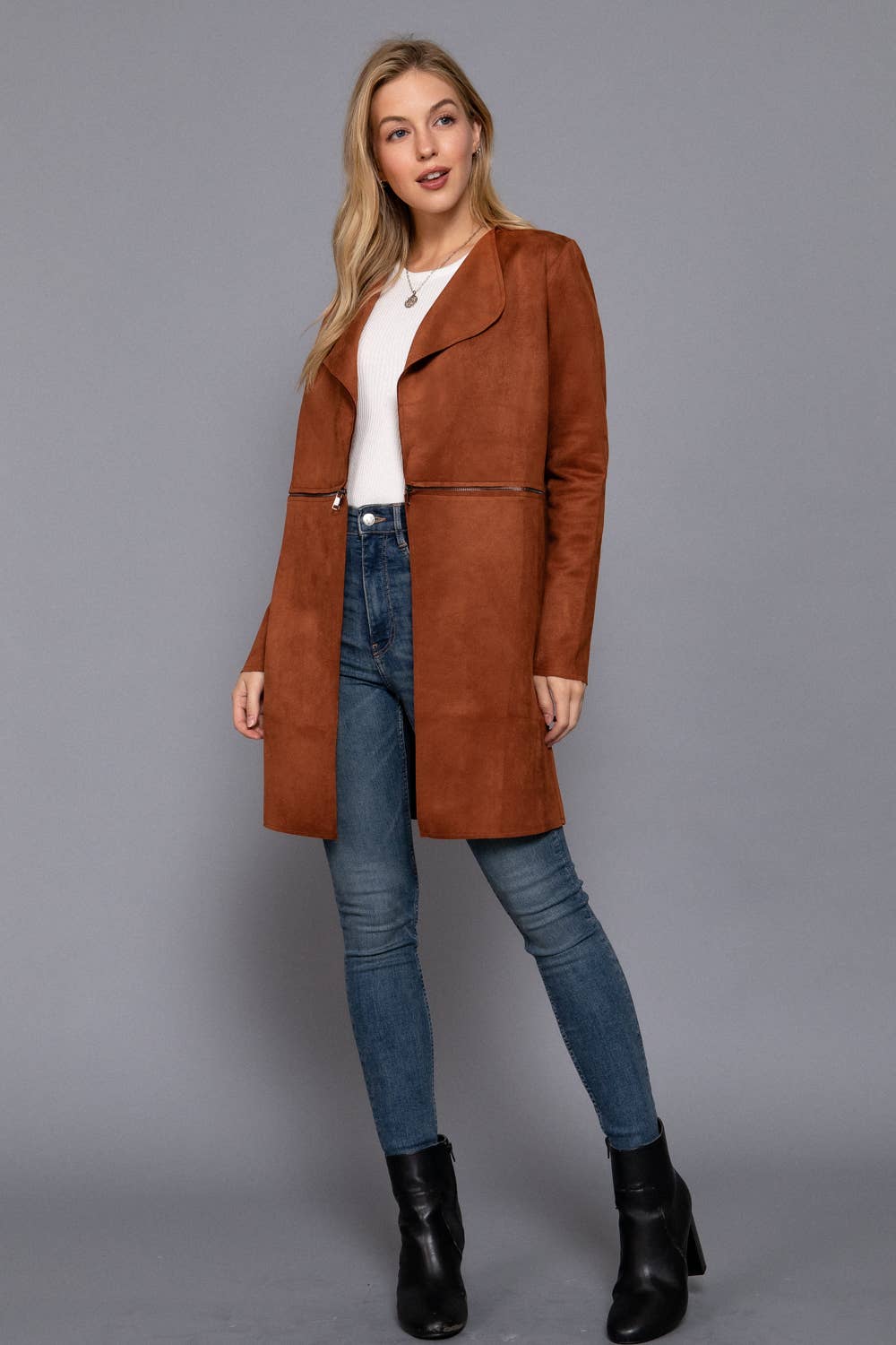 Two Zipper Front Detail Faux Suede Jacket