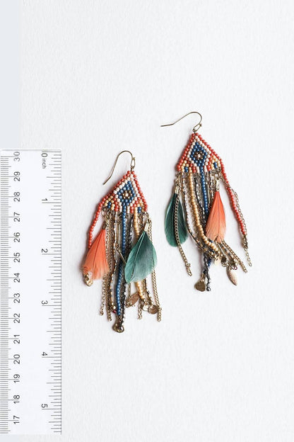 Colorful Mixed Bead Feather Dangle Earrings