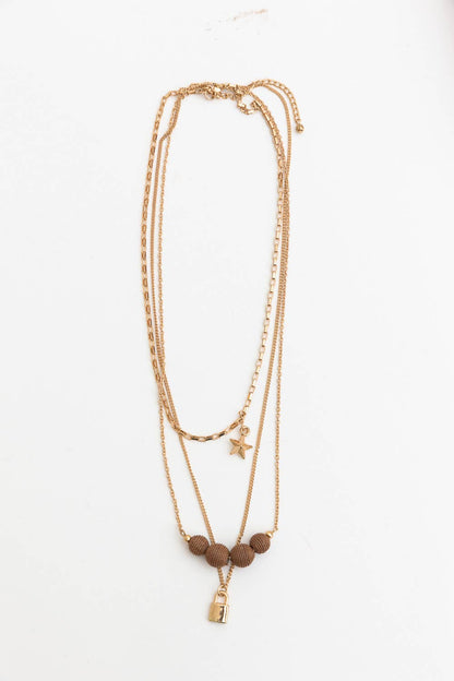 Three Layered Rustic Gold Charmed Necklace