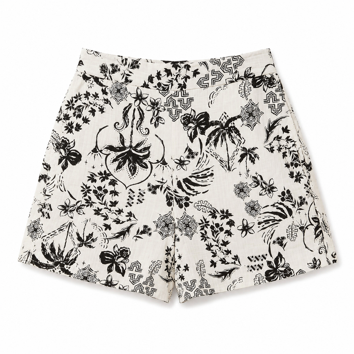 Black floral patterned shorts on a white background