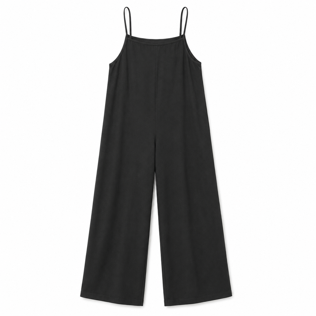 Black jumpsuit with thin straps on a white background