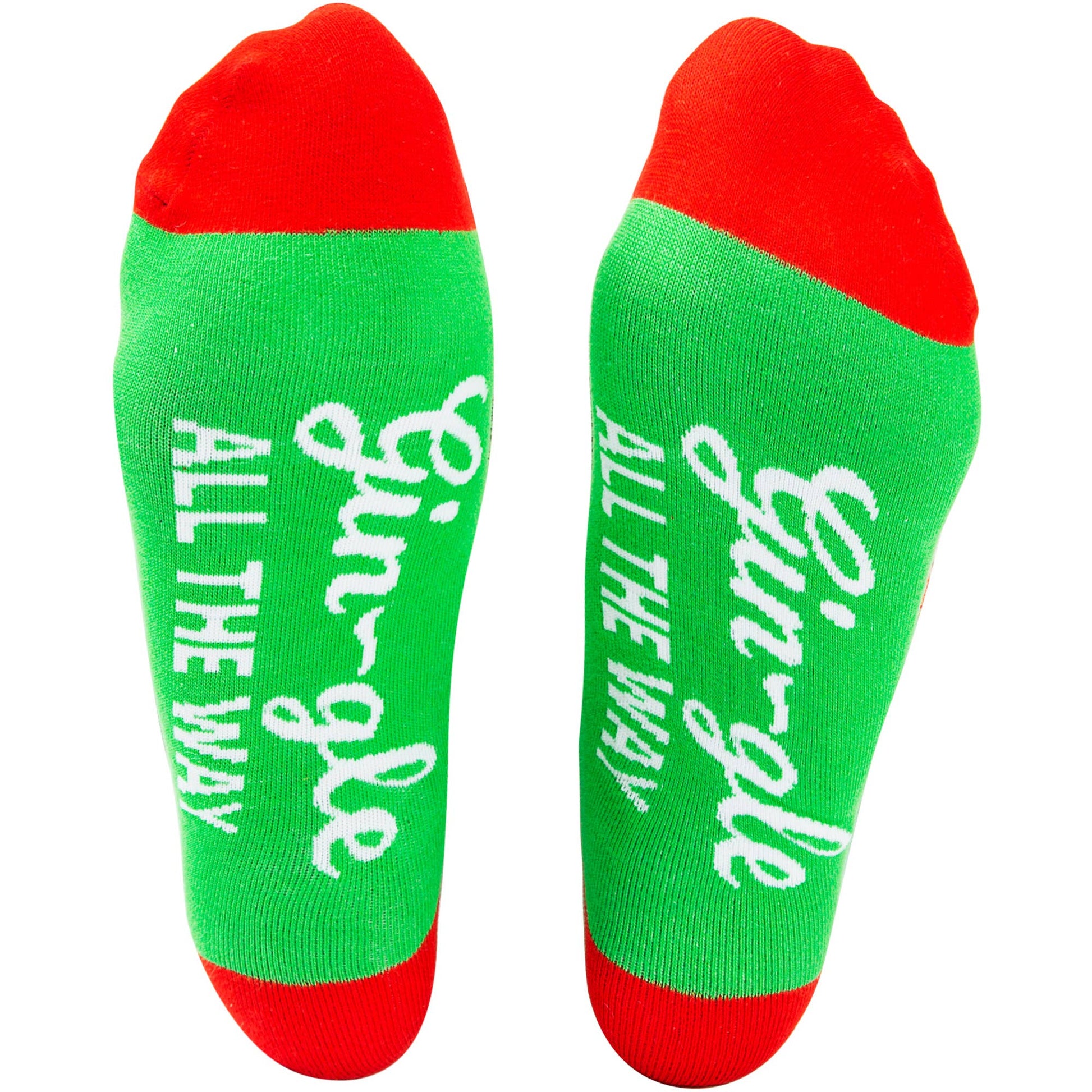 Green socks with red toes and cuffs, featuring the text 'All The Way Gin-gle'.