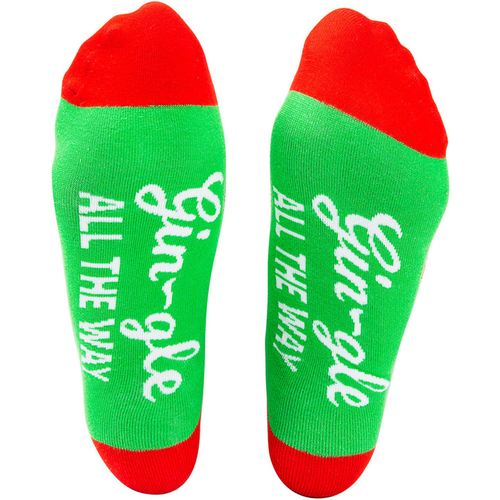 Green socks with red toes and cuffs, featuring the text &