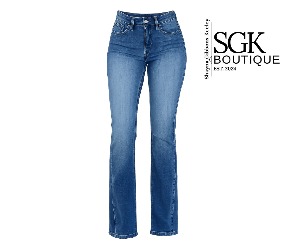Blue jeans on a white background with SGK Boutique branding.