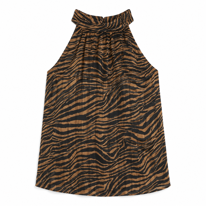 A sleeveless halter-neck top with a wavy zebra print pattern in brown and black, displayed flat against a white background.