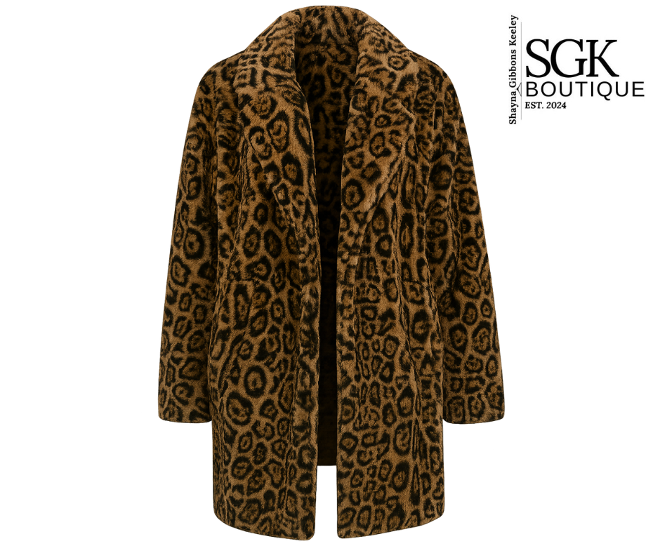 Leopard print coat on a white background with SGK Boutique logo.