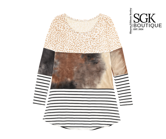Long-sleeve top with leopard print and striped pattern on a white background, featuring SGK Boutique logo.