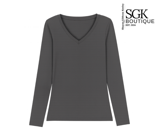 Gray long-sleeve shirt on a white background with SGK Boutique logo.