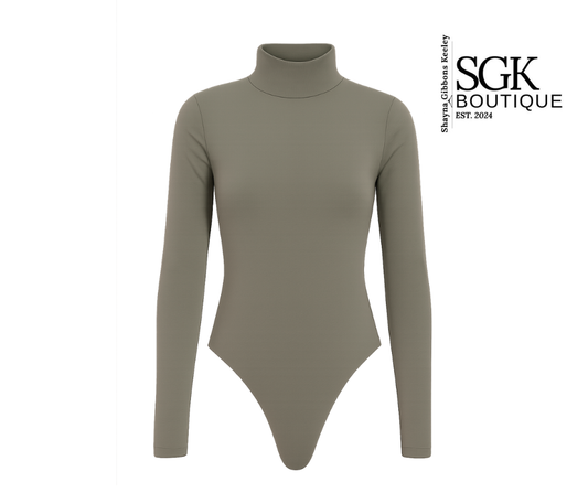 Grey bodysuit with long sleeves on a white background, featuring SGK Boutique logo.
