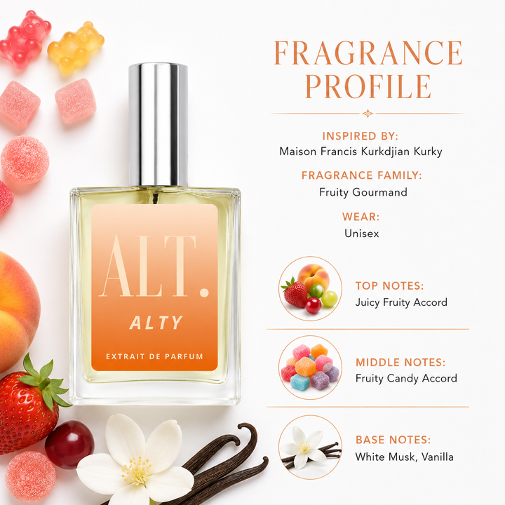 A perfume bottle labeled ALT. ALTY sits on a white background surrounded by fruit, candy, vanilla beans, and a flower, with text on the right describing the fragrance profile.