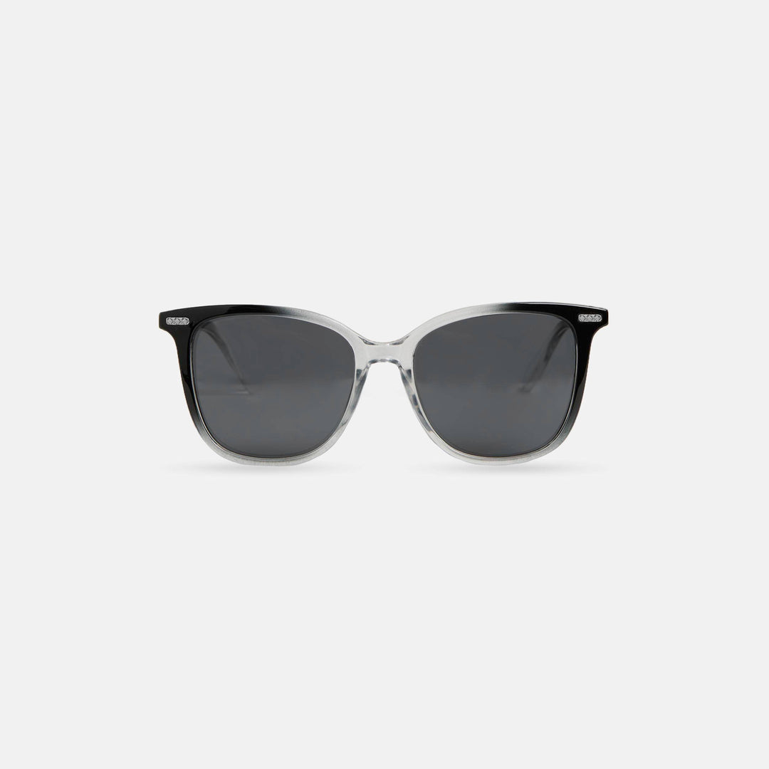 Sunglasses with black frames and dark lenses on a white background