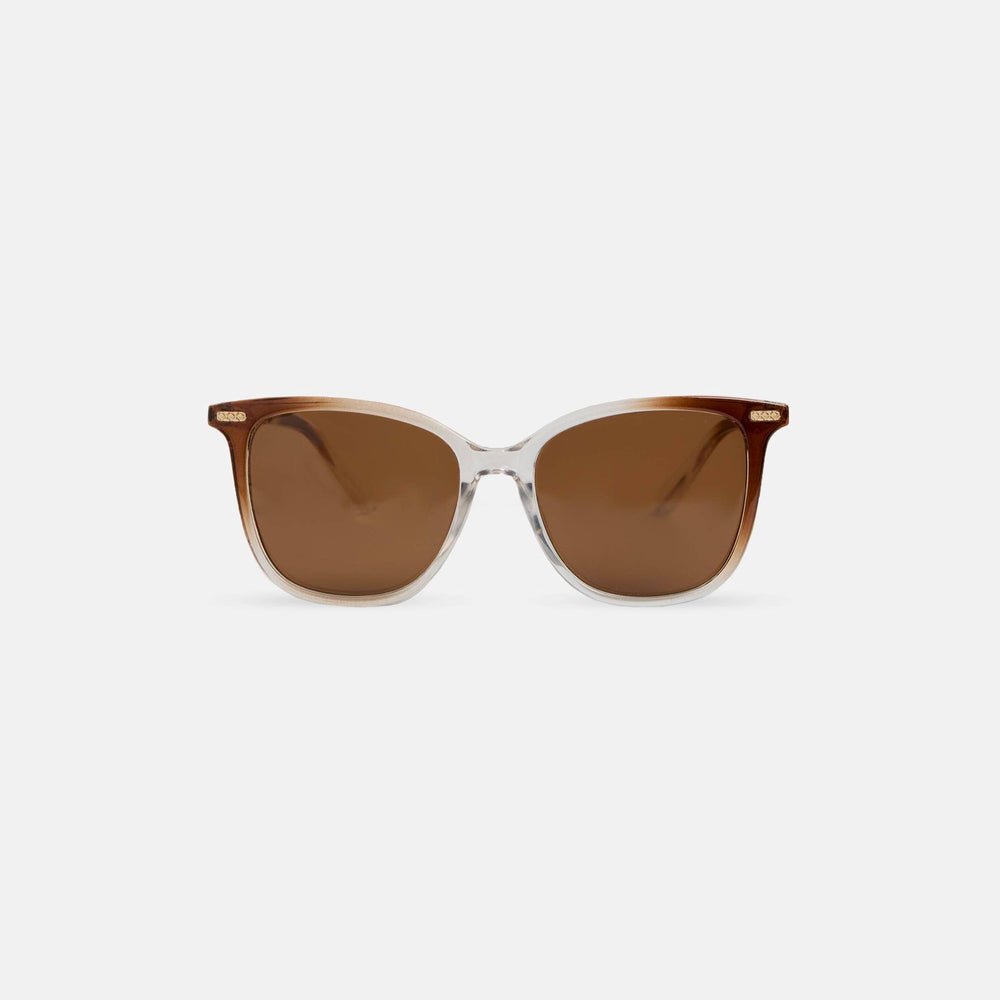 Sunglasses with brown lenses and clear frame on a white background