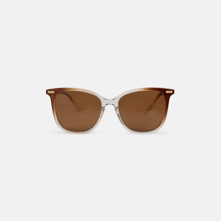 Sunglasses with brown lenses and clear frame on a white background