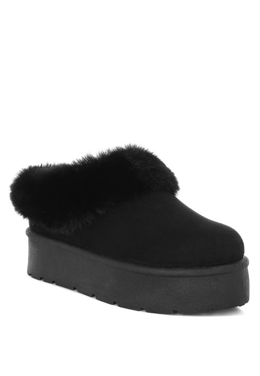 Black platform slipper with fur trim on a white background
