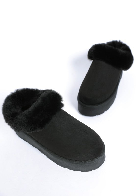 Black slippers with fur trim on a white background