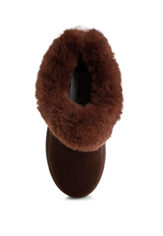 Brown slipper with fluffy top on a white background