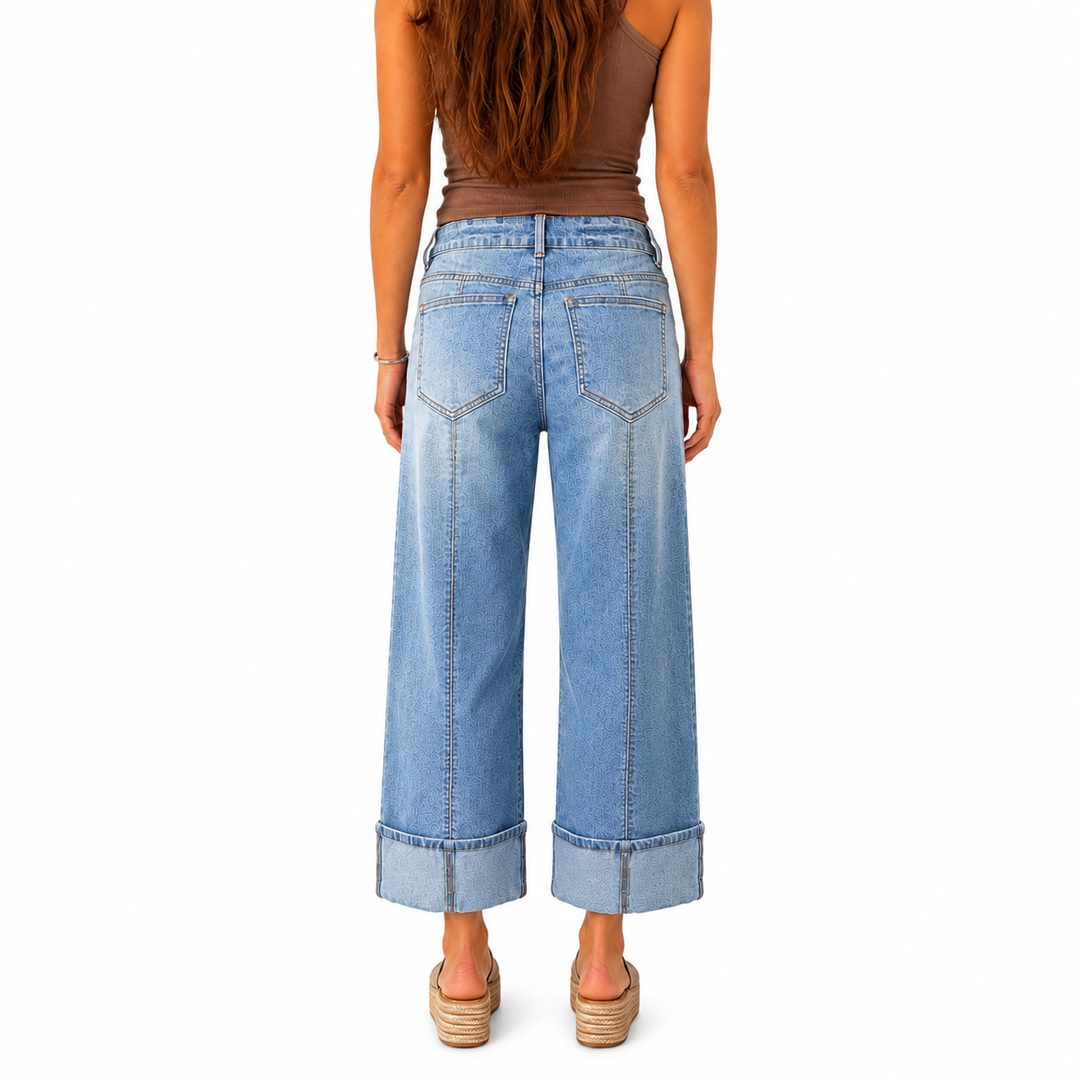 A woman shown from the back wearing light-wash wide-leg cropped jeans with rolled cuffs, a brown sleeveless top, and tan wedge sandals against a plain white background.