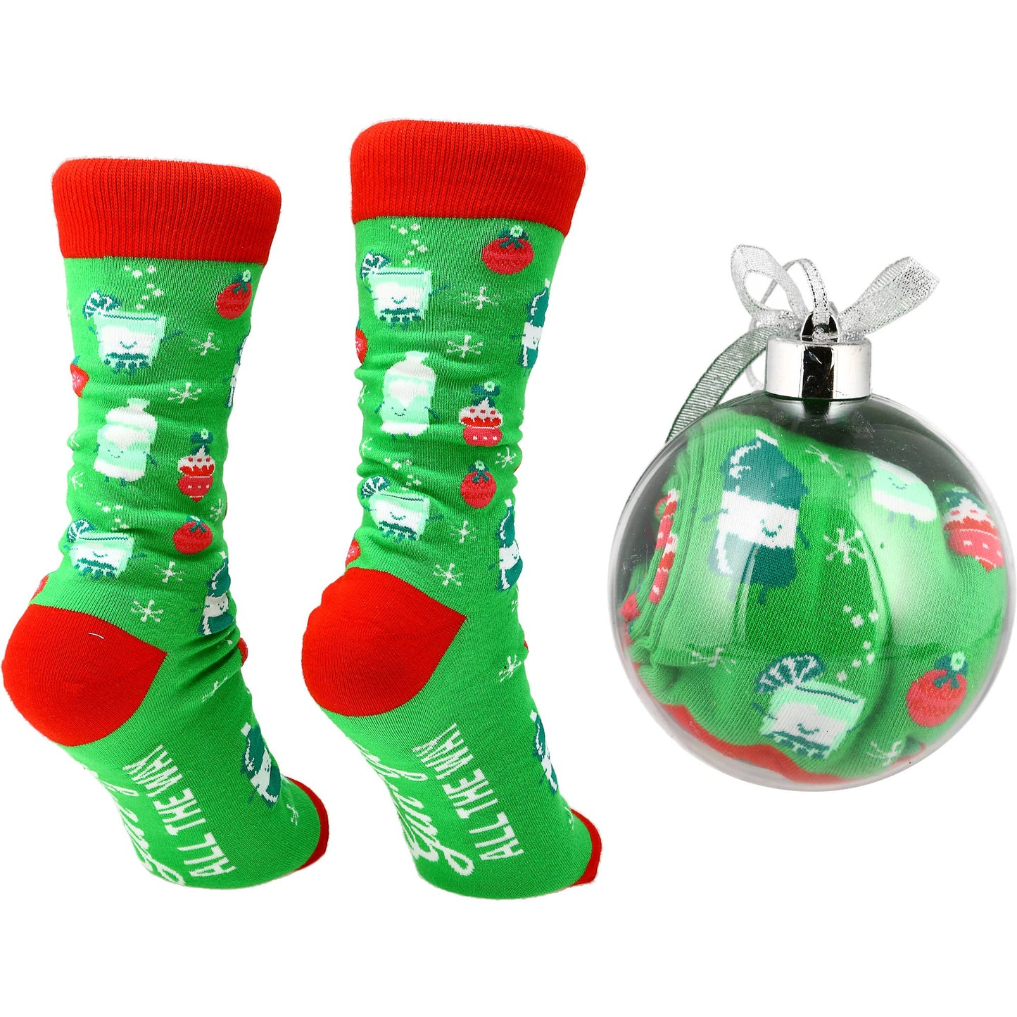Green socks with red accents and a matching Christmas ornament on a white background