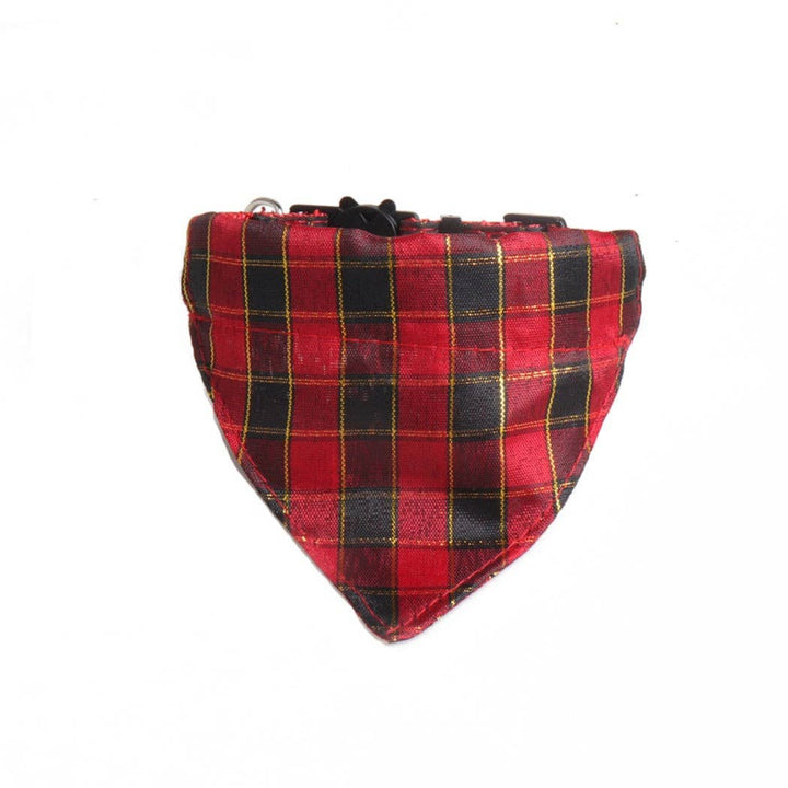 Red and black plaid dog bandana on a white background