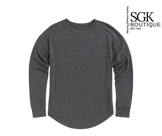 Gray long-sleeve shirt on a white background with SGK Boutique logo.