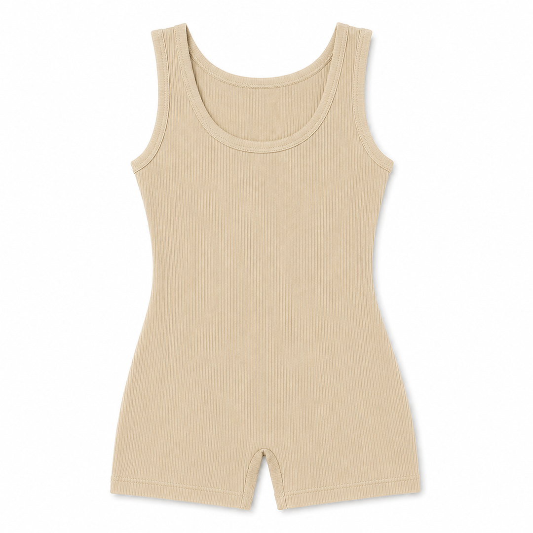 A beige ribbed knit sleeveless romper with a scoop neckline and short leg, shown flat against a white background.