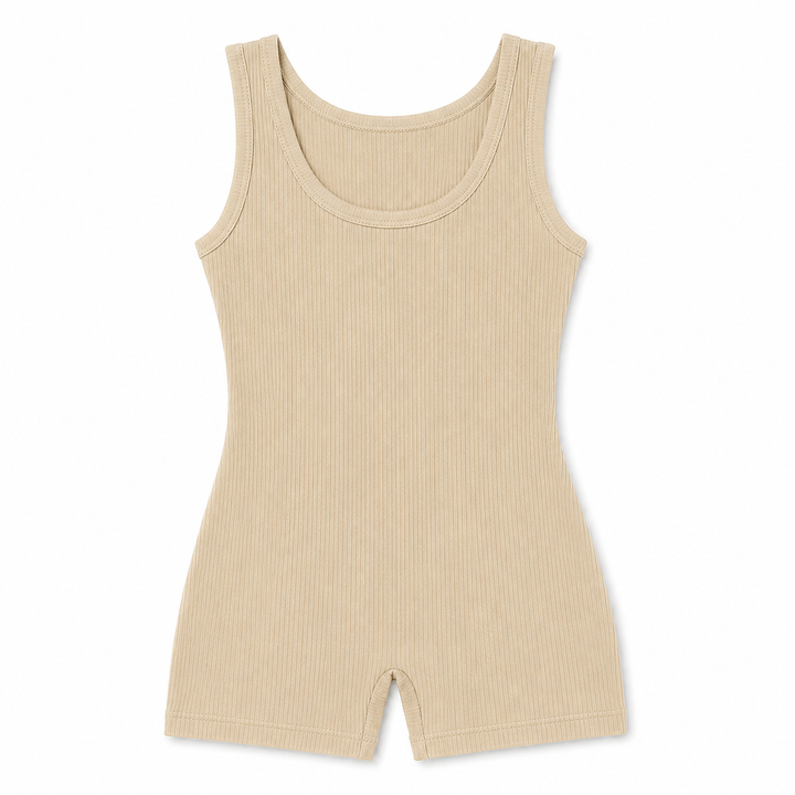 A beige ribbed knit sleeveless romper with a scoop neckline and short leg, shown flat against a white background.