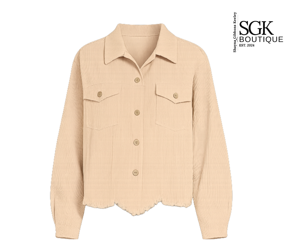 BEIGE CORDUROY SHACKET WITH RAW FRINGE.