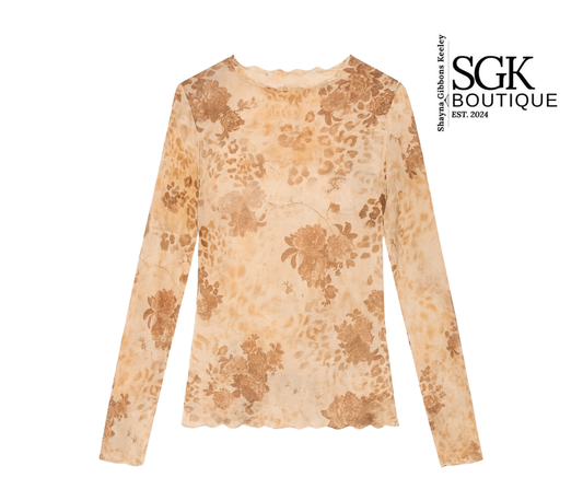 Beige floral long-sleeve top on a white background with SGK Boutique logo.
