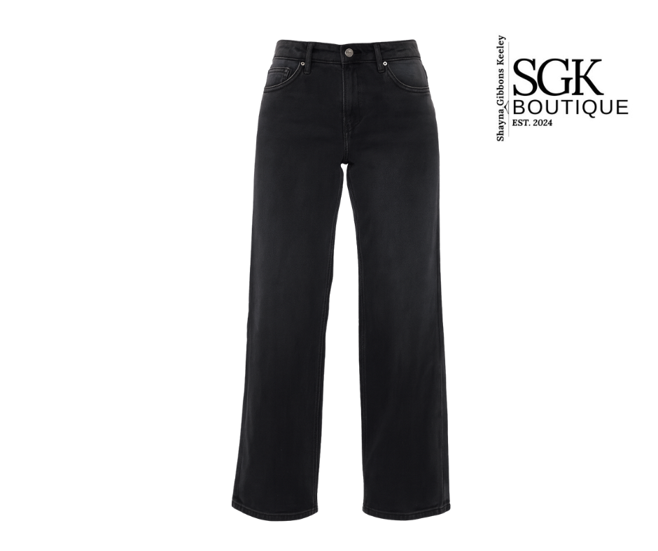 Black jeans on a white background with SGK Boutique logo.