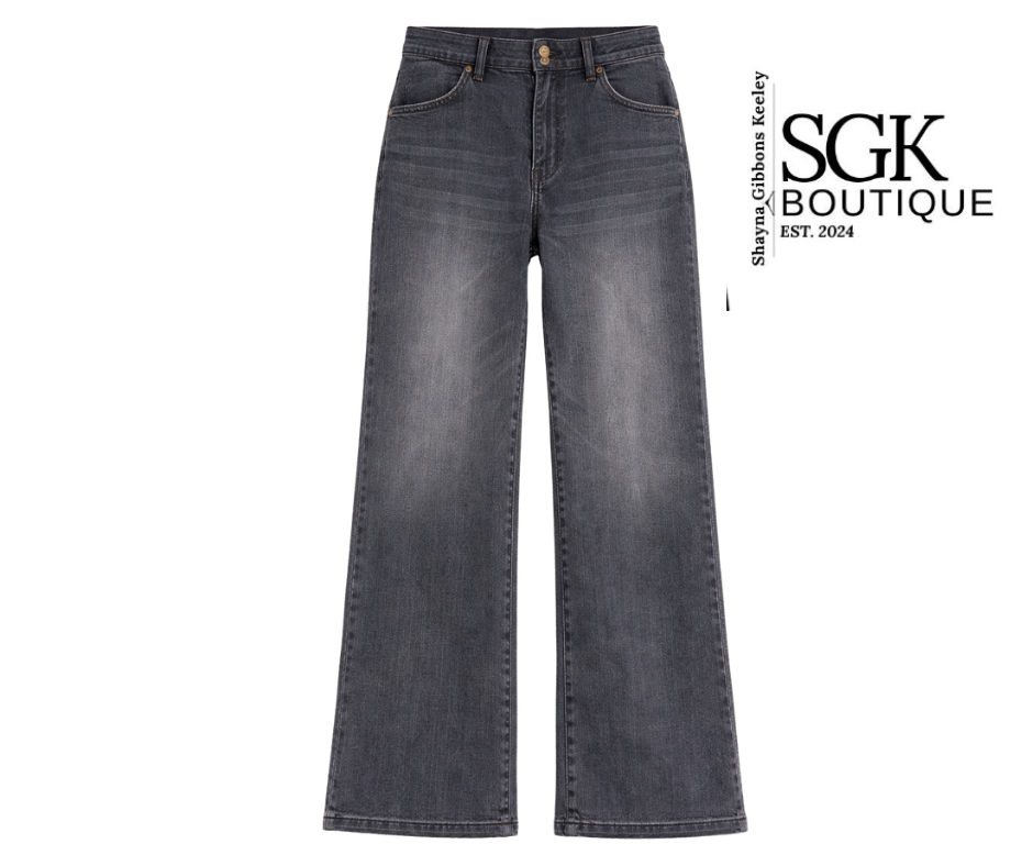 Gray jeans on a white background with SGK Boutique branding.