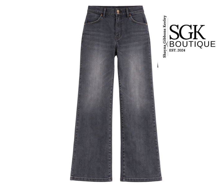 Gray jeans on a white background with SGK Boutique branding.