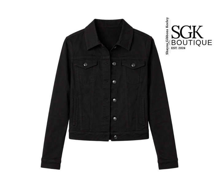 Black jacket on a white background with SGK Boutique logo.