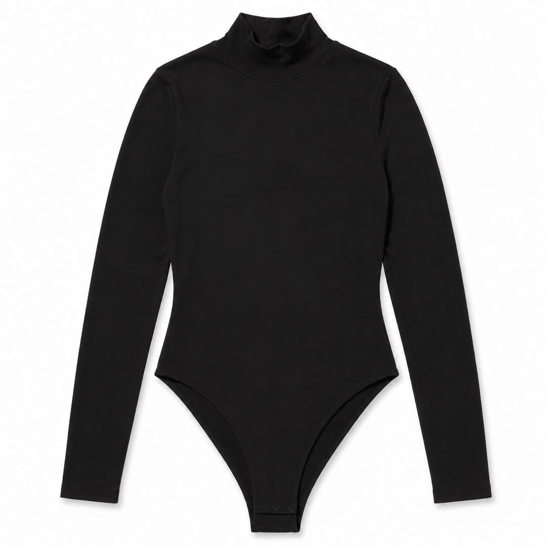 Black turtleneck bodysuit on a white background