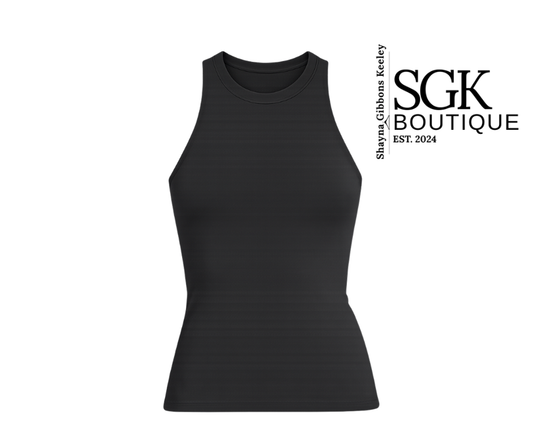 Black tank top on a white background with SGK Boutique branding.