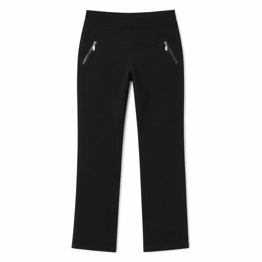 Black ankle pants with two diagonal zippered pockets on the back, shown flat against a white background.