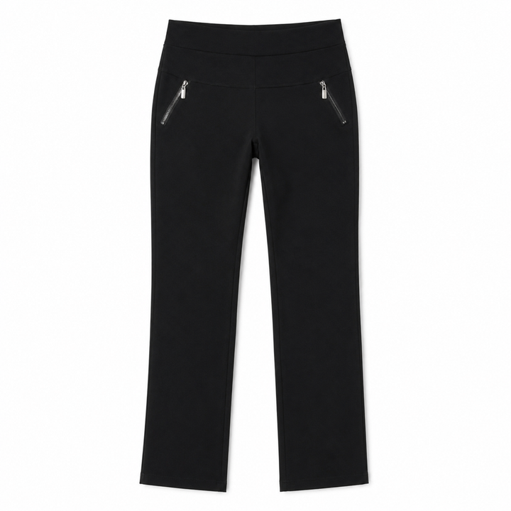 Black ankle pants with two diagonal zippered pockets on the back, shown flat against a white background.