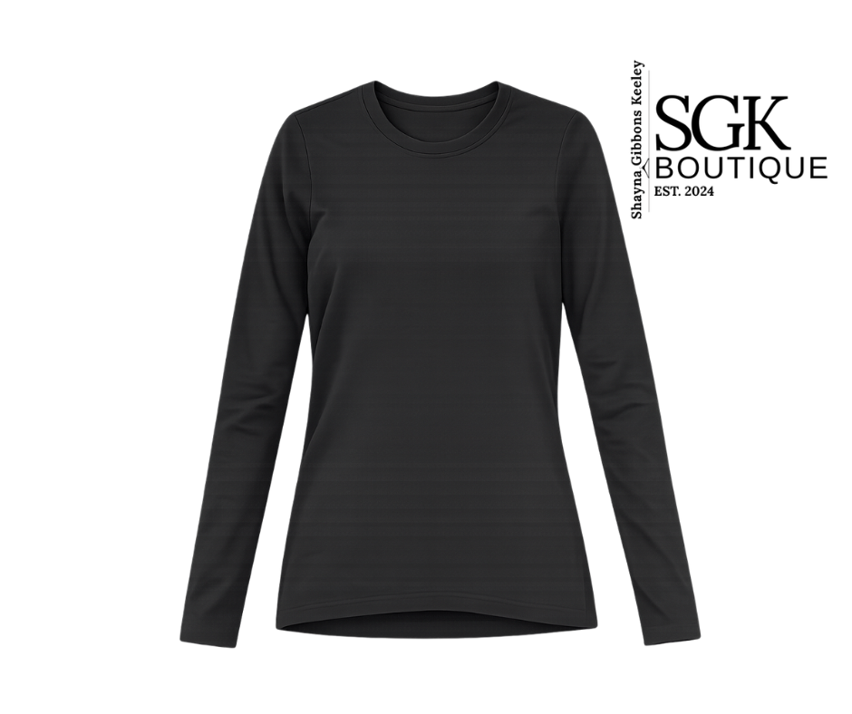 Black long-sleeve shirt on a white background with SGK Boutique branding.