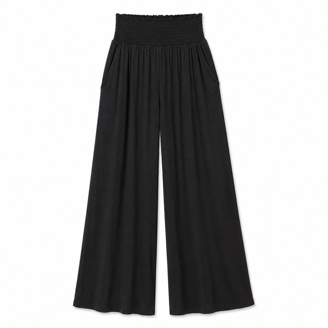 Black wide-leg pants on a light gray background