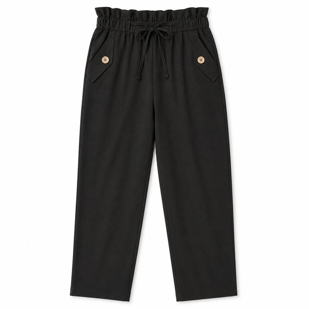 Black pants with button details on a white background
