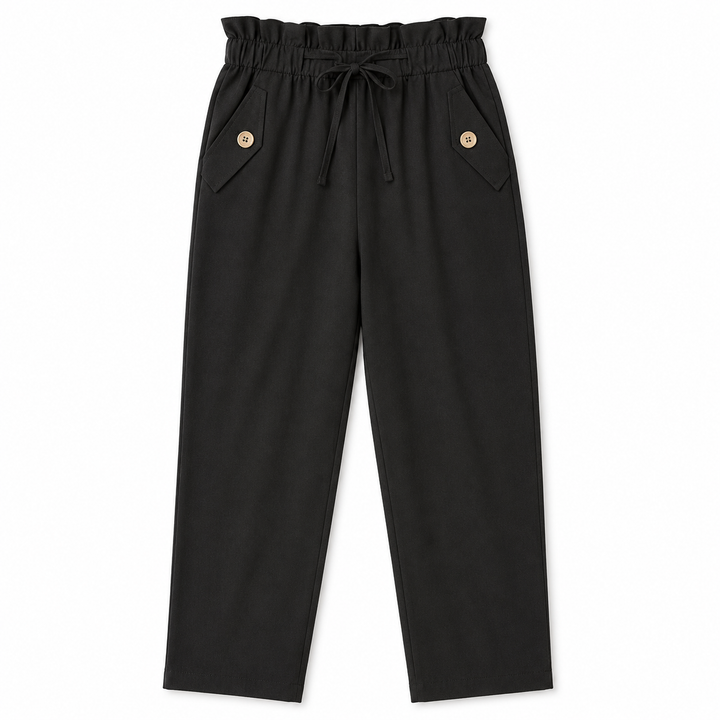 Black pants with button details on a white background