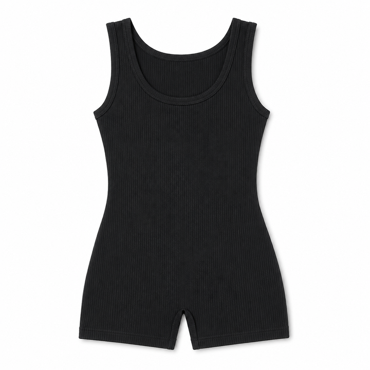 A black ribbed seamless bodysuit shorts flat against a plain white background.